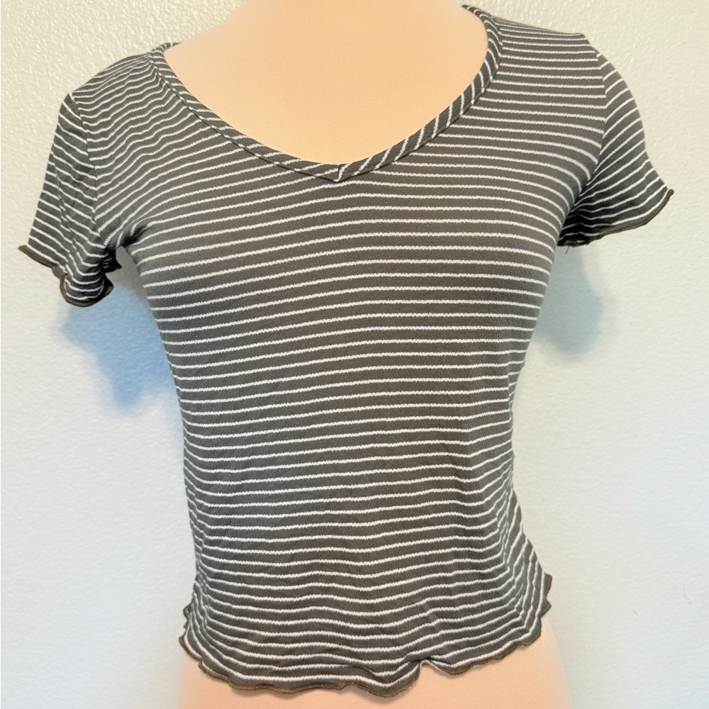 Olivia Rae Olive Green & White Striped Short Sleeve Top